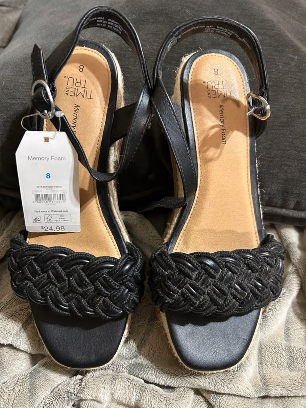 Time and Tru Black Braided-Strap Wedge Sandals